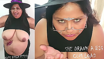 Busty Babe Takes Cum On Her Stomach For Halloween